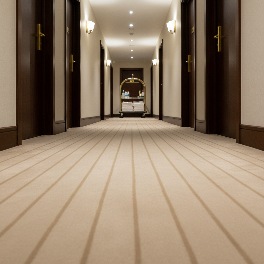 An immaculate hotel corridor in Normandy, freshly cleaned and perfectly organized, without any guests or staff. Plush, light beige carpet appears newly vacuumed with visible straight, parallel lines. Dark wooden room doors with polished brass numbers line both sides, and discreet wall sconces cast warm, soft lighting that creates a cozy yet professional ambiance. At the far end of the corridor, a compact, neatly arranged housekeeping trolley is partially visible, loaded with folded white linens and labeled cleaning products. Photographic realism, captured from a centered, low eye-level perspective with strong depth leading the viewer down the hallway. The mood is reassuring, hygienic, and inviting, highlighting high-end hotel cleaning quality and meticulous attention to detail.