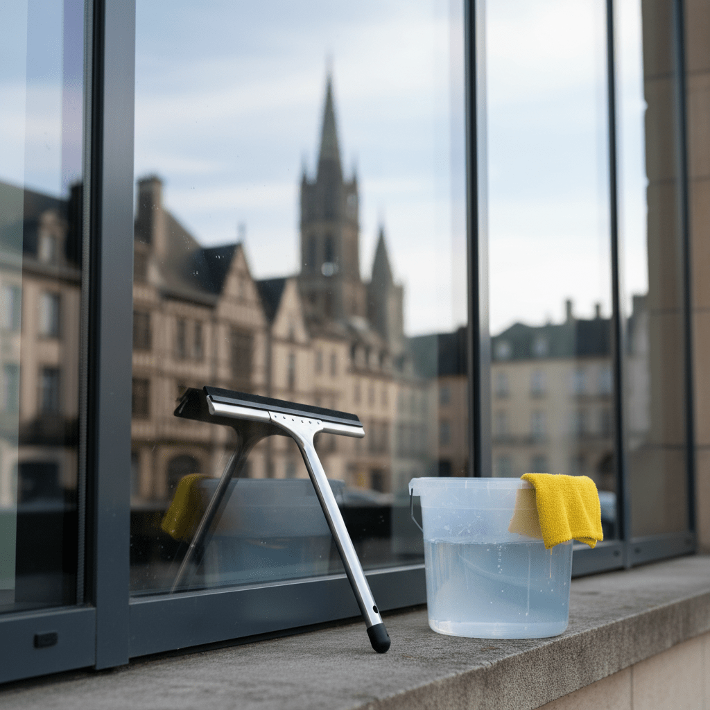 A detailed close-up of a professional window cleaning setup in front of a large glass facade, showing crystal-clear panes with no streaks or smudges. A metal squeegee with a rubber blade rests diagonally against the lower frame, beside a bright bucket filled with slightly rippled water and a microfiber applicator draped over the rim. Reflections of a soft blue sky and subtle silhouettes of Rouen’s urban architecture shimmer on the glass. The scene is lit by bright but diffused daylight, creating crisp highlights along the window edges and gentle shadows on the ledge. Photographic realism, shot from a slightly low angle with shallow depth of field, conveying precision, transparency, and meticulous care in professional window cleaning services.
