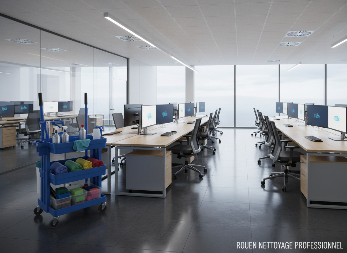 A spotless, modern office cleaning scene without any people, featuring freshly polished light oak desks, neatly arranged ergonomic chairs, and gleaming computer screens. The floor is a flawless dark grey tile, shining from a recent wash, with a bright blue professional cleaning cart positioned to the side, stocked with color-coded microfiber cloths, spray bottles, and neatly organized supplies. Large windows reveal a soft, overcast Normandy sky, filling the space with diffused natural light that creates gentle reflections on glass partitions and metal fixtures. Photographic realism, captured at eye level with sharp focus throughout, using a clean, minimalist composition that emphasizes order, freshness, and professional reliability, perfect for a Rouen-based commercial cleaning company homepage hero image.